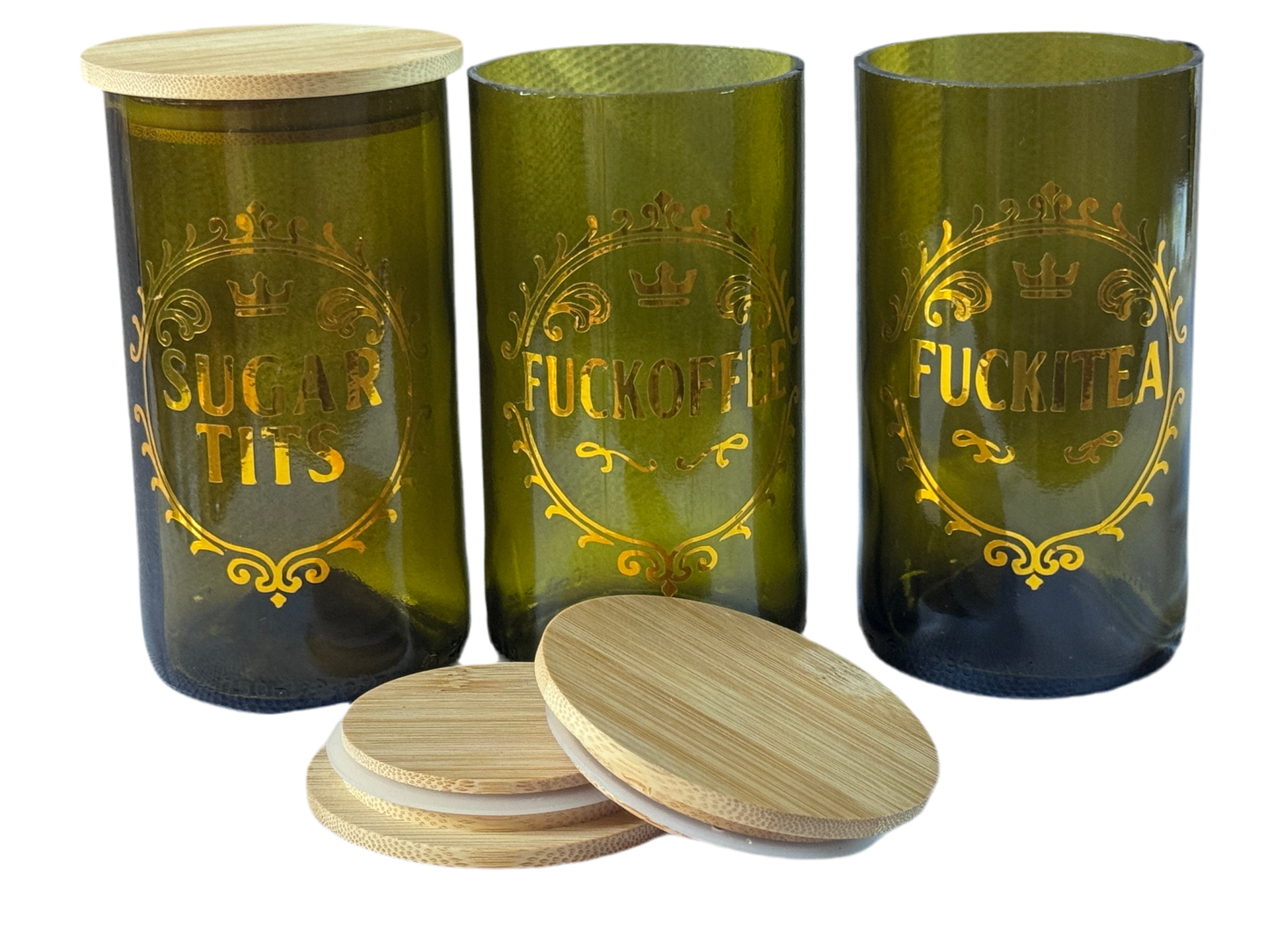 Repurposed Wine Bottle Storage Jars - set of 3 - Fuckitea, Fuckoffee & Sugar Tits