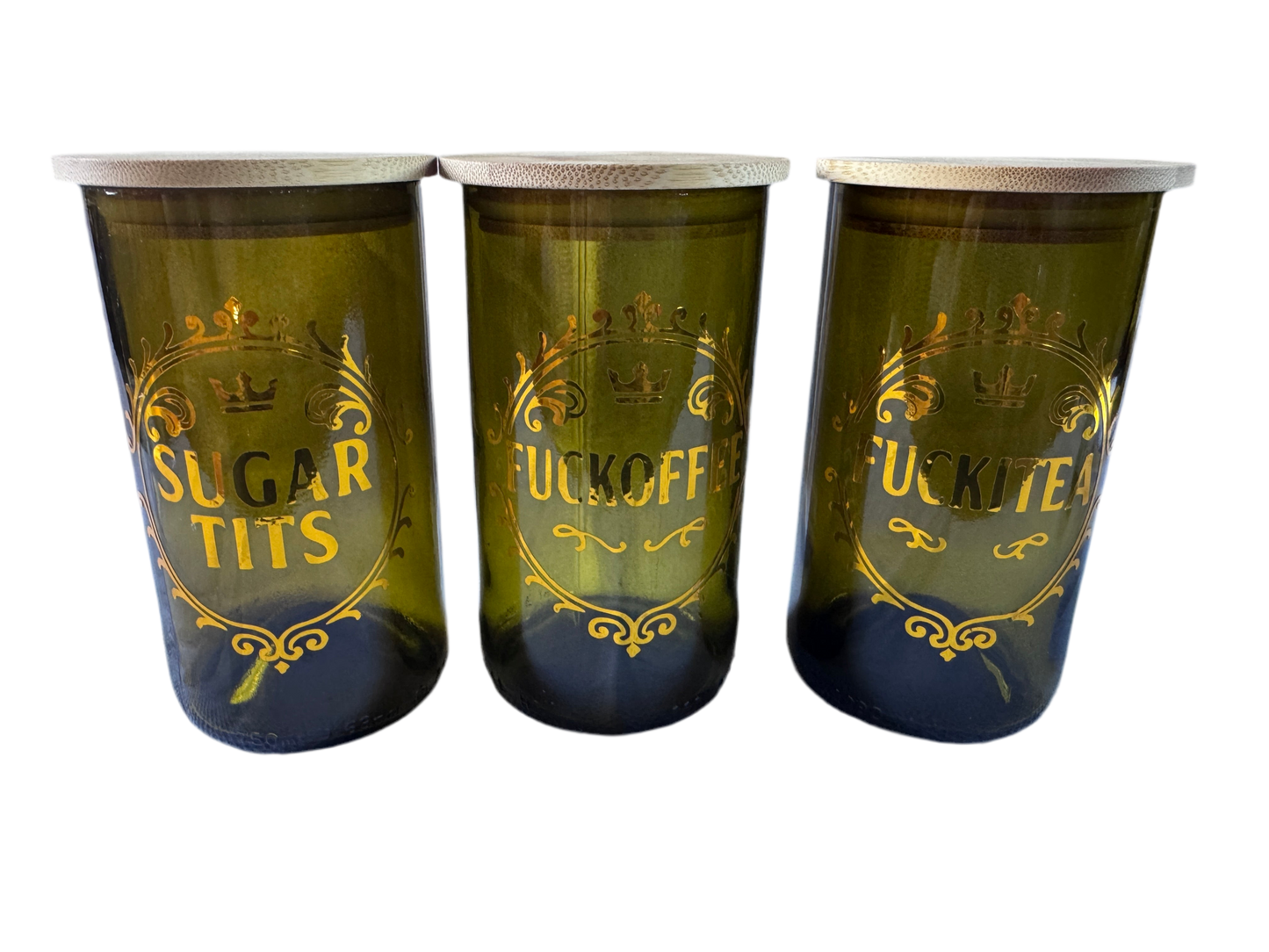 Repurposed Wine Bottle Storage Jars - set of 3 - Fuckitea, Fuckoffee & Sugar Tits