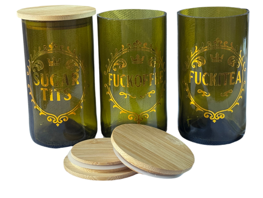 Repurposed Wine Bottle Storage Jars - set of 3 - Fuckitea, Fuckoffee & Sugar Tits
