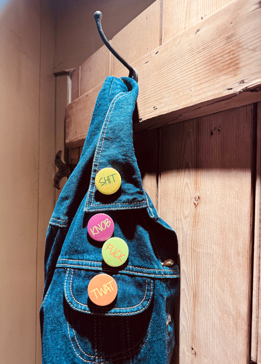 Rude Pin Badge Set- Four Bold Swear Words - Perfect Gift